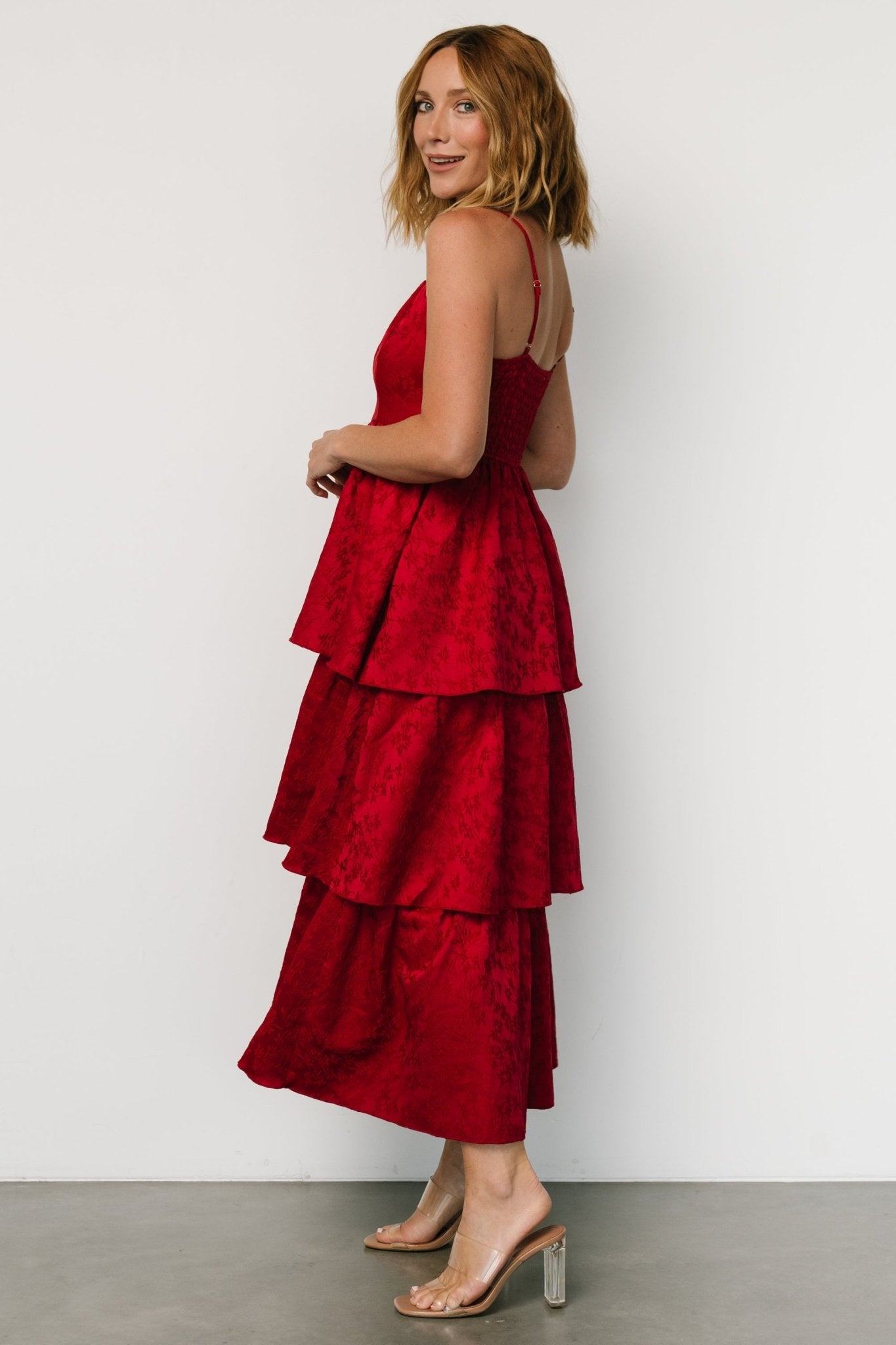 Violetta Embossed Tiered Dress | Deep Red - Baltic Born