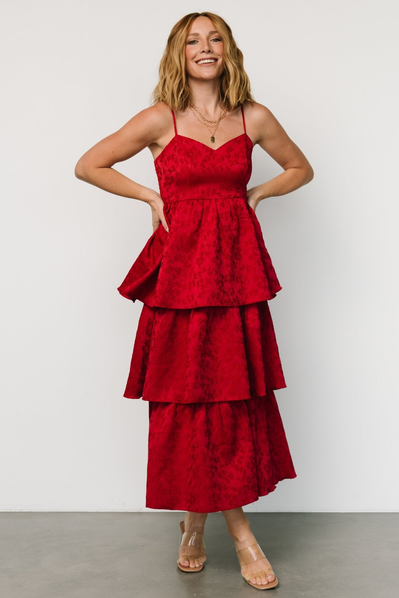 Violetta Embossed Tiered Dress | Deep Red - Baltic Born