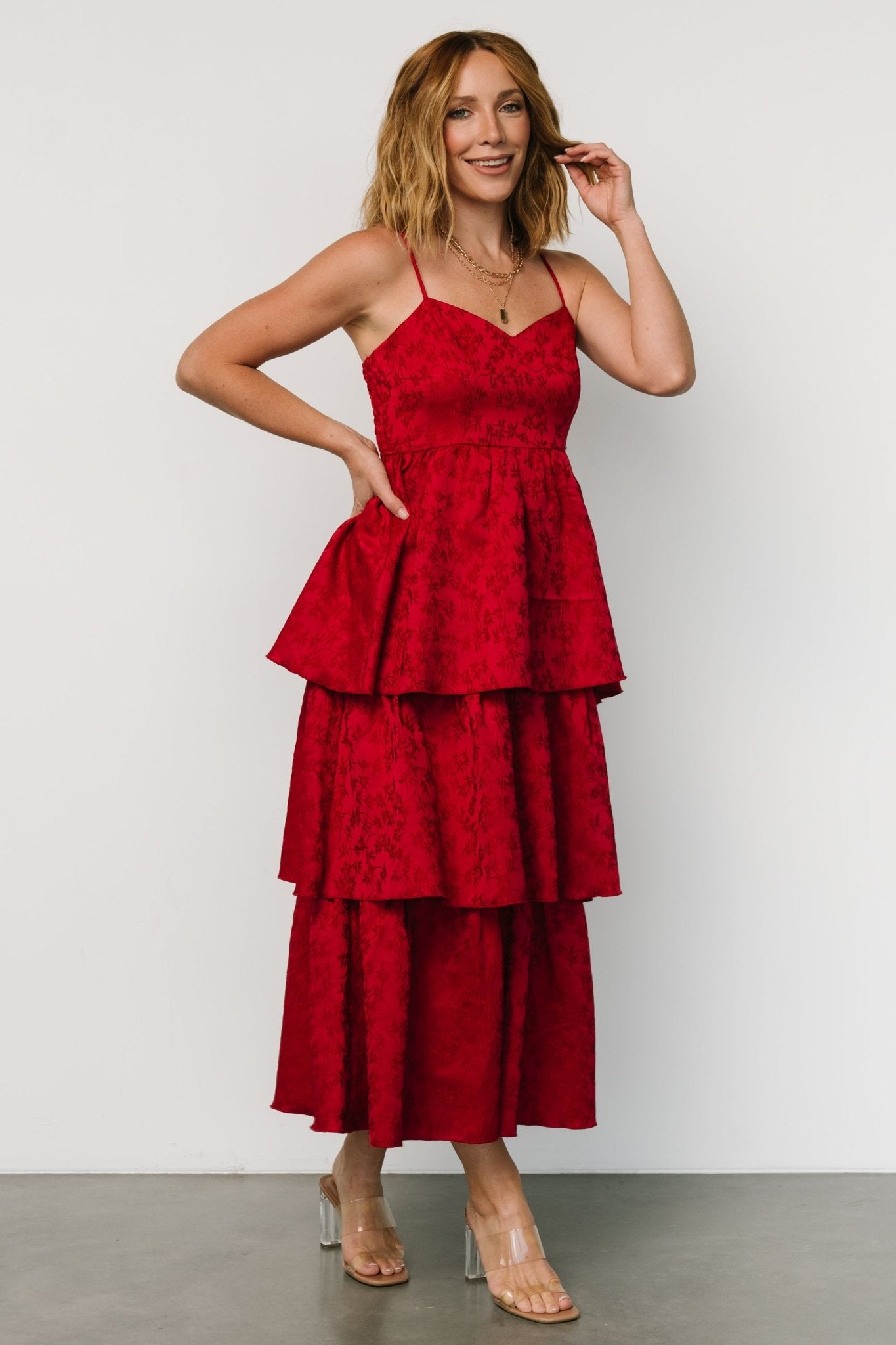 Violetta Embossed Tiered Dress | Deep Red - Baltic Born