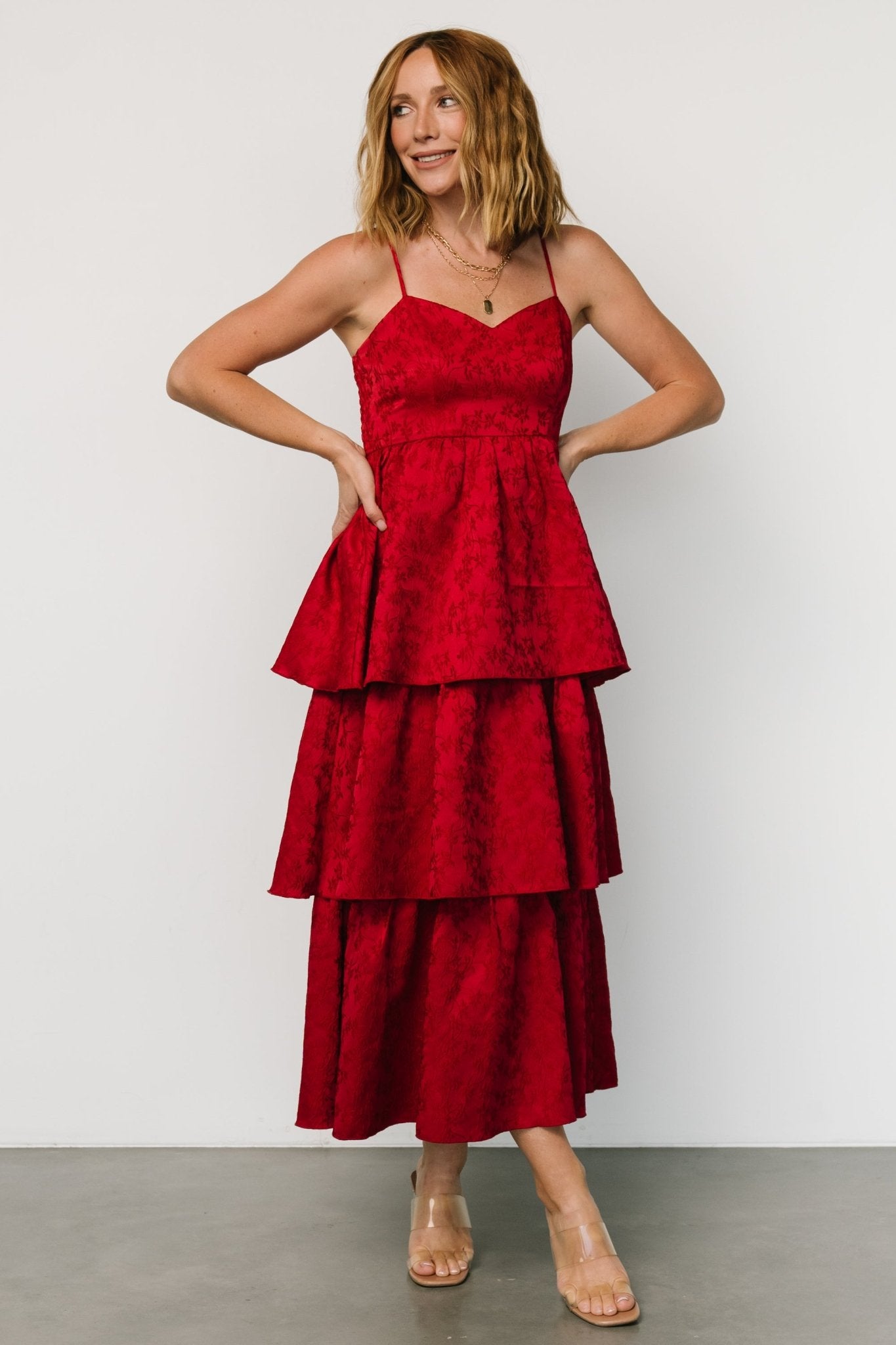 Violetta Embossed Tiered Dress | Deep Red - Baltic Born