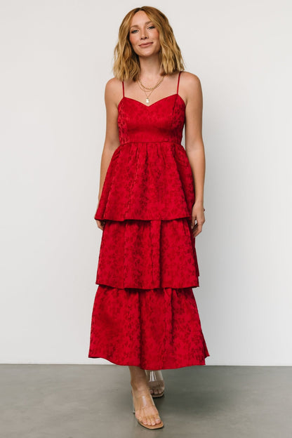 Violetta Embossed Tiered Dress | Deep Red - Baltic Born