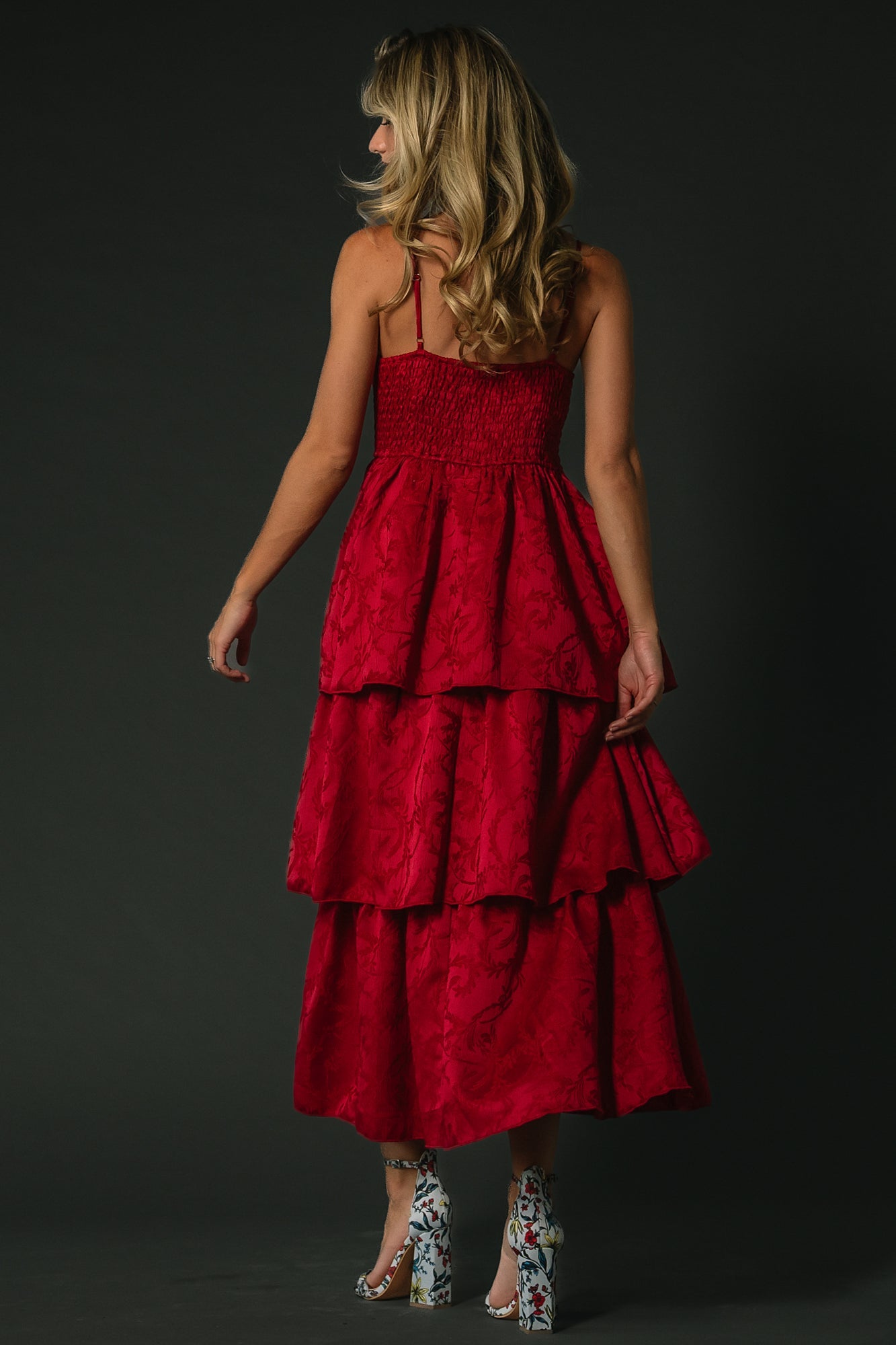 Violetta Embossed Tiered Dress | Deep Red - Baltic Born