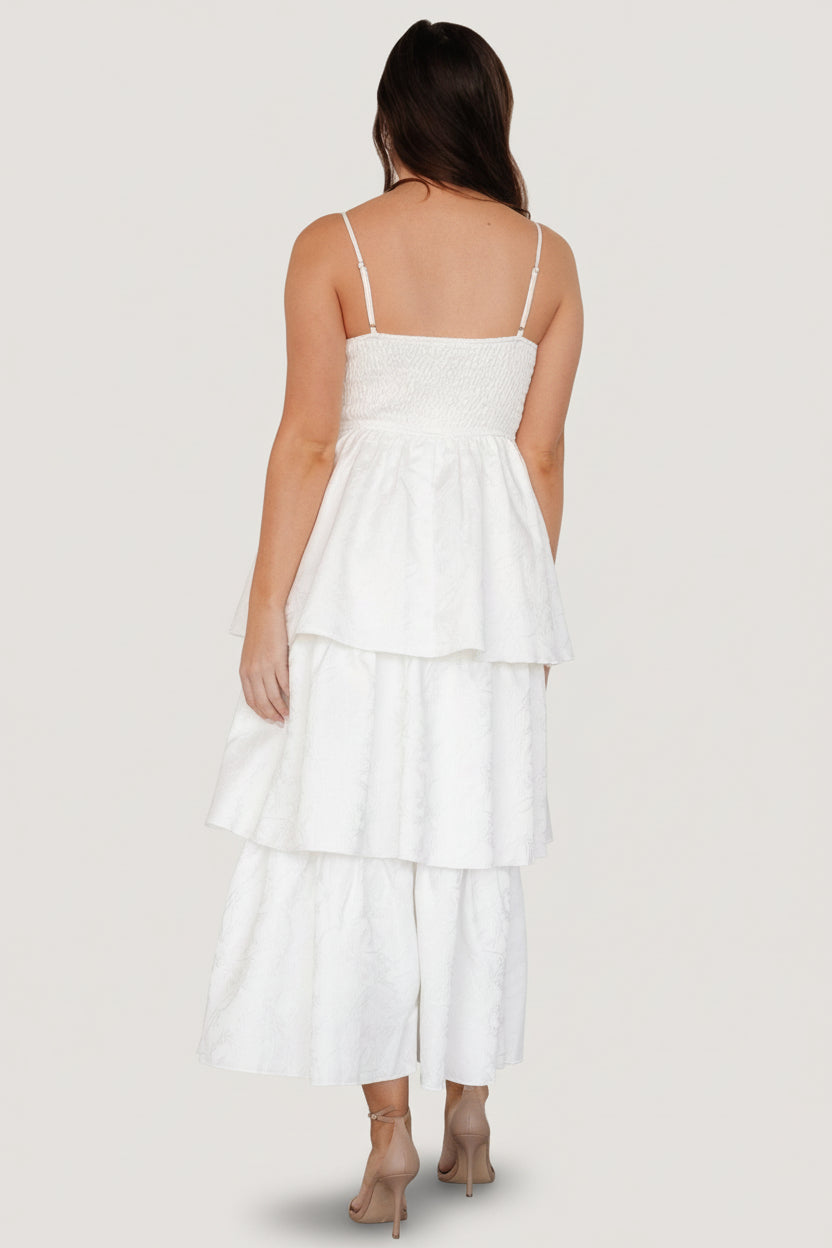 Baltic Born Womens Violetta Embossed Tiered Dress | Off White | Size: Medium Baltic Born Womens Violetta Embossed Tiered Dress | Off White | Size: Medium