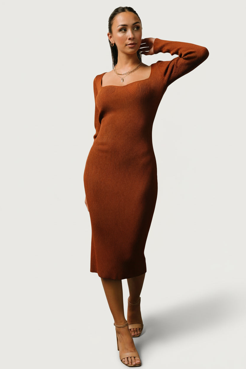 Baltic Born Womens Waldorf Ribbed Midi Dress | Chestnut