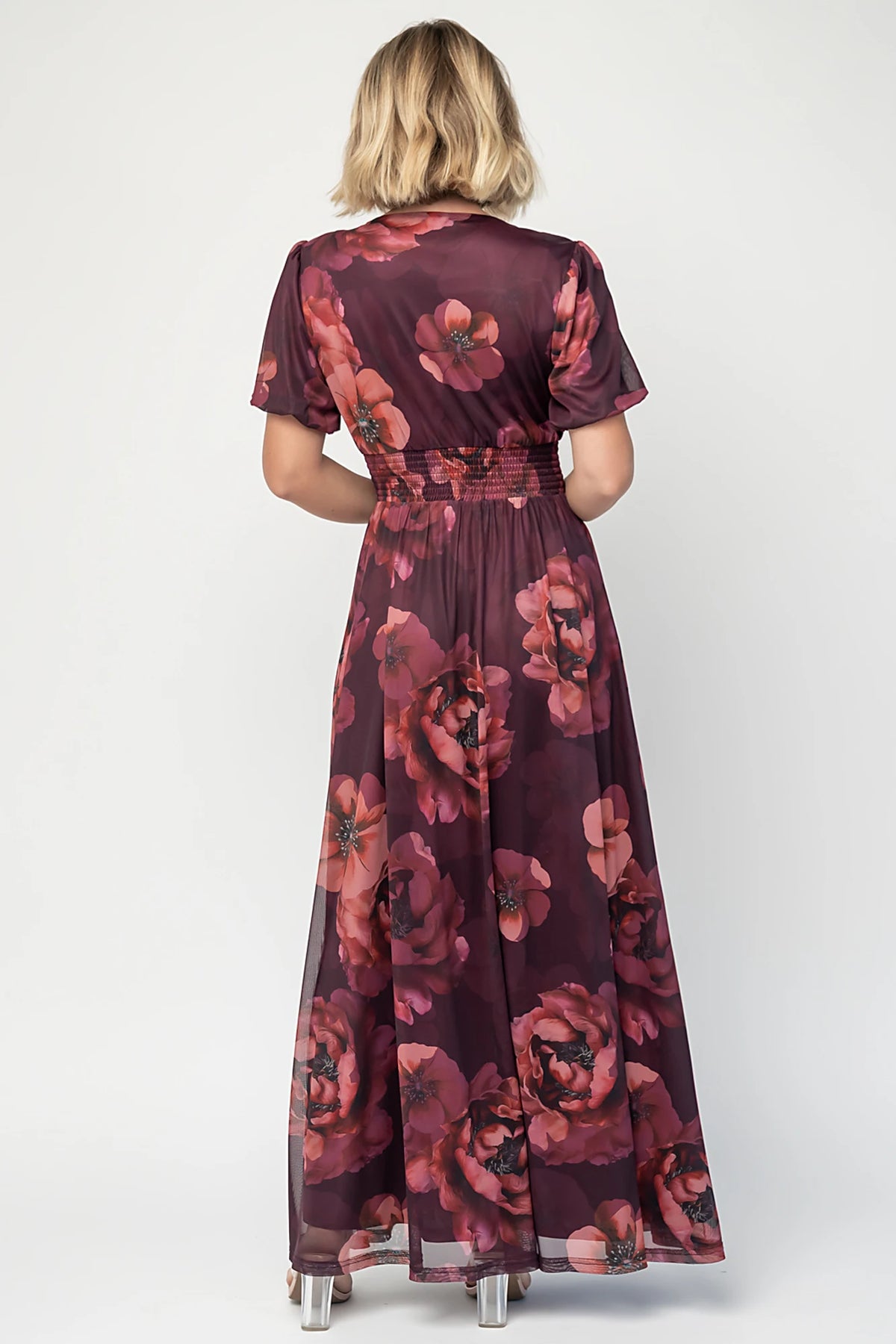 Whitney Mesh Maxi Dress in Deep Berry Floral with deep V-neck, short sleeves, empire waist, and flowing skirt.
