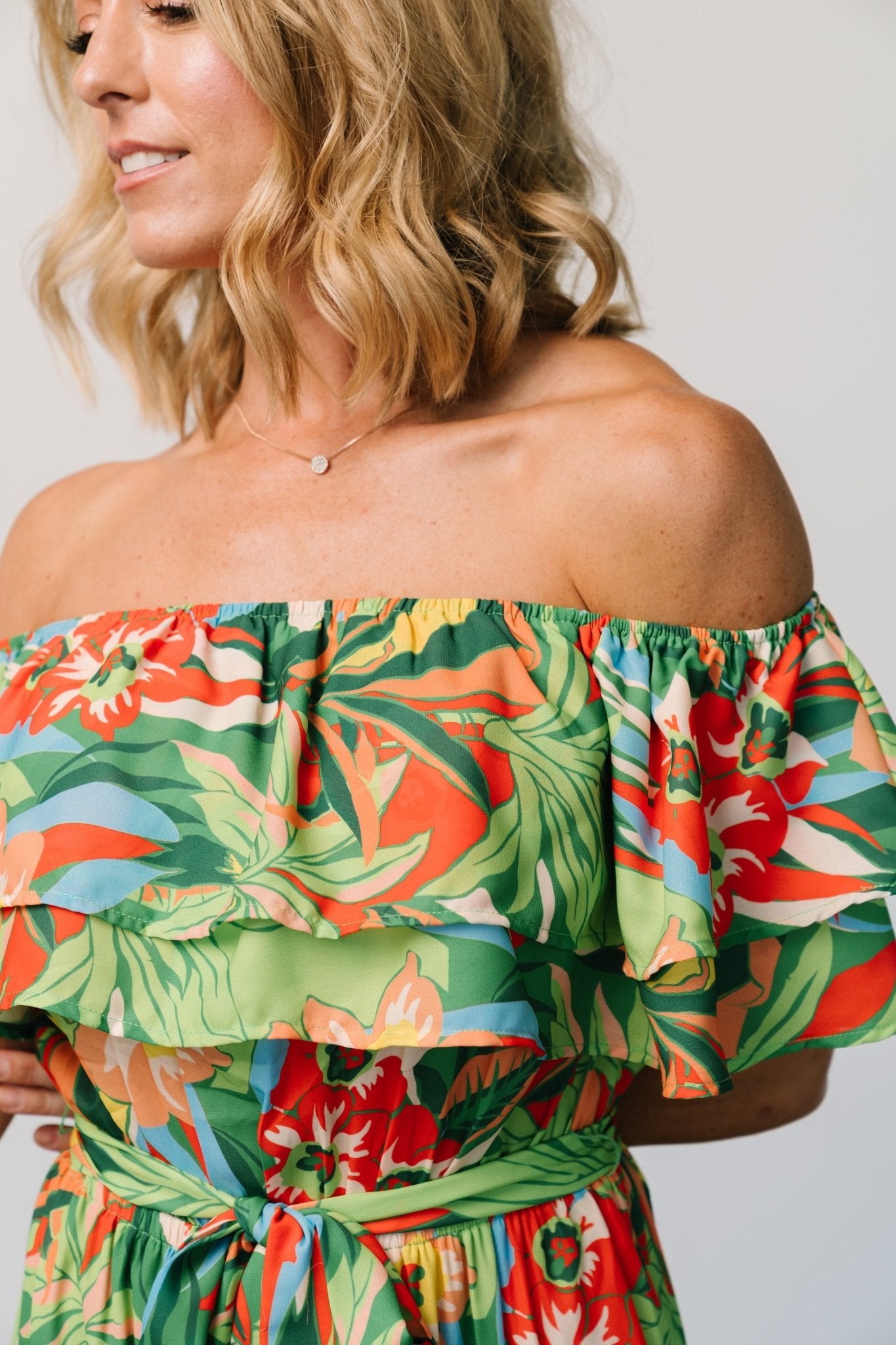 Zanzibar Off Shoulder Jumpsuit | Green Multi - Baltic Born