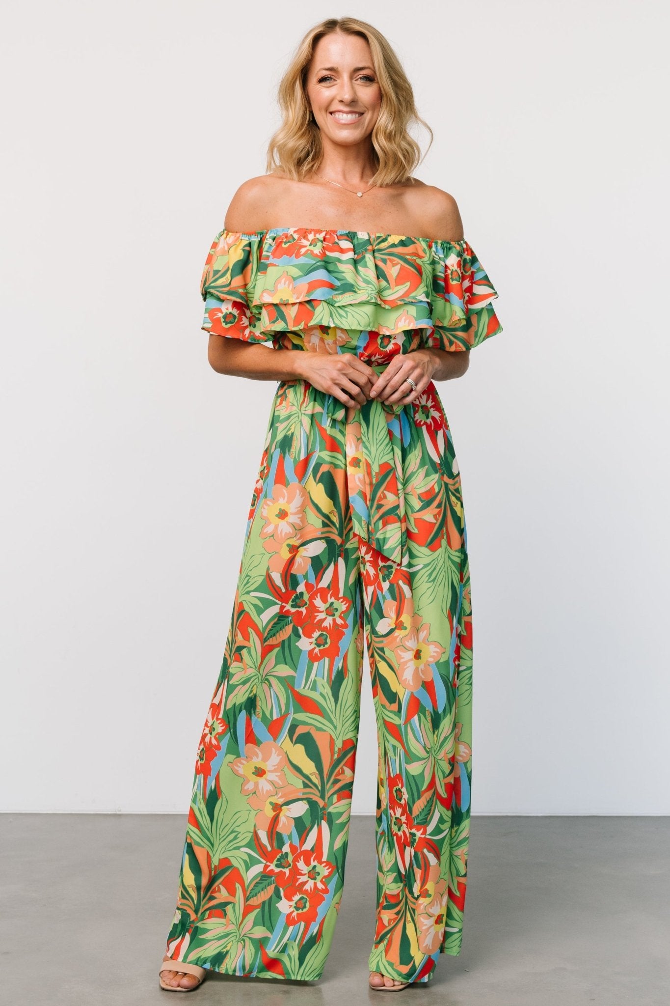 Zanzibar Off Shoulder Jumpsuit | Green Multi - Baltic Born