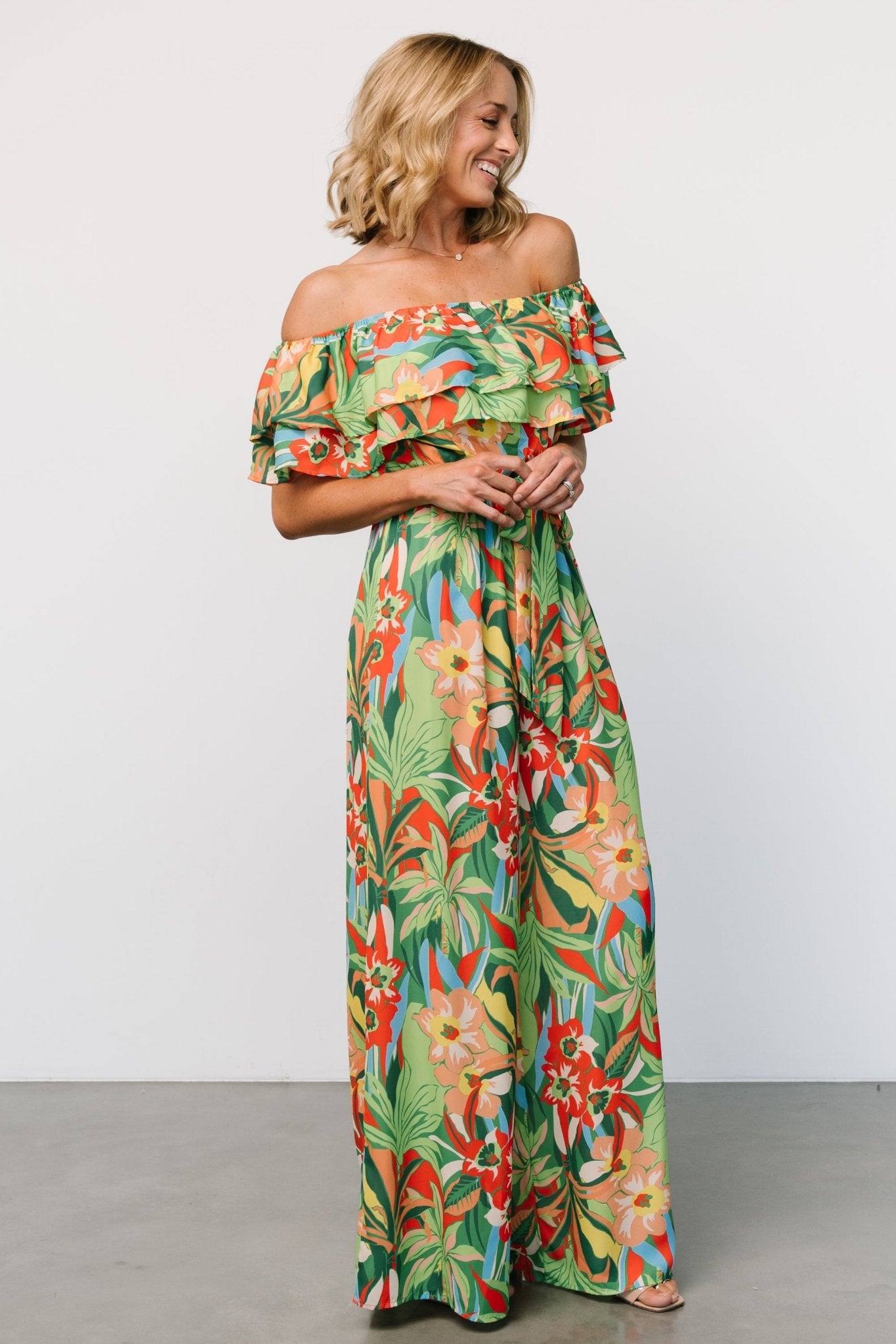 Zanzibar Off Shoulder Jumpsuit | Green Multi - Baltic Born