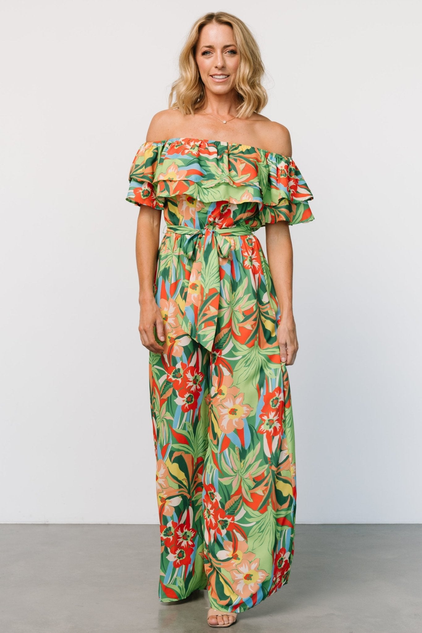 Zanzibar Off Shoulder Jumpsuit | Green Multi - Baltic Born