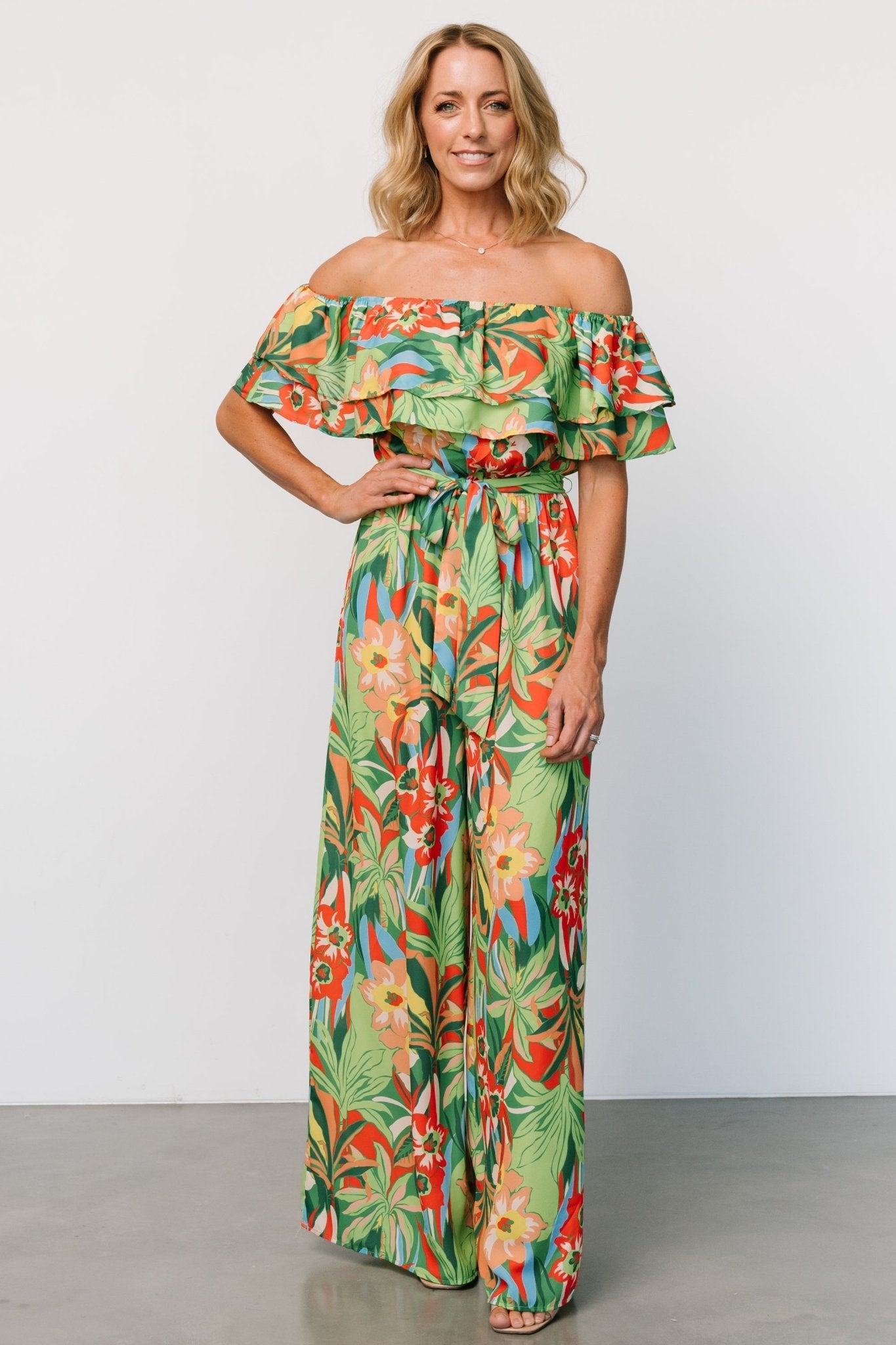 Zanzibar Off Shoulder Jumpsuit | Green Multi - Baltic Born