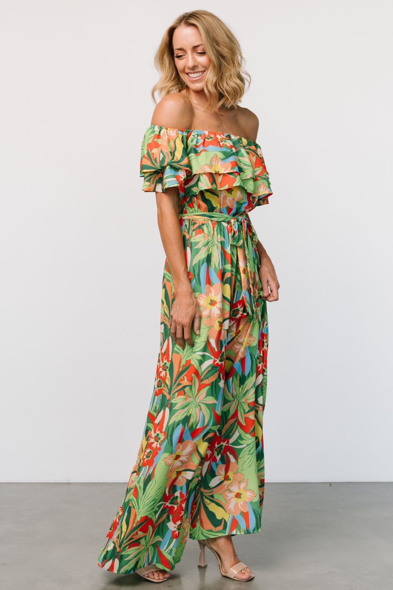 Zanzibar Off Shoulder Jumpsuit | Green Multi - Baltic Born