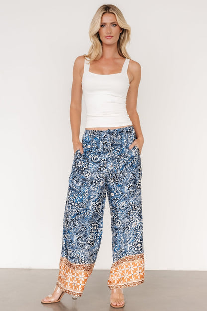 Zora Boho Satin Pants | Blue Multi Print - Baltic Born