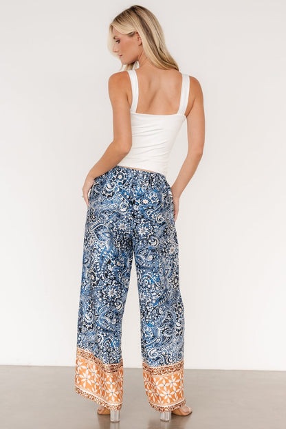 Zora Boho Satin Pants | Blue Multi Print - Baltic Born