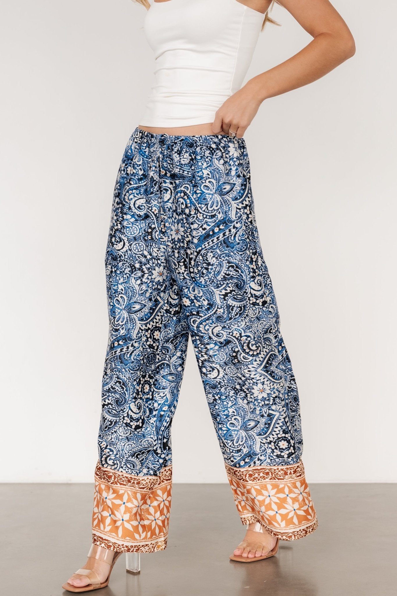 Zora Boho Satin Pants | Blue Multi Print - Baltic Born