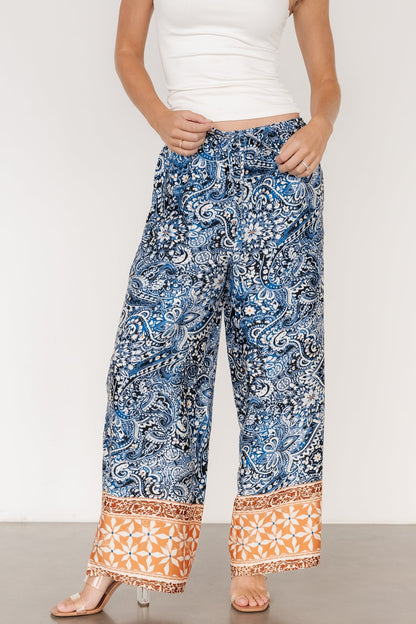 Zora Boho Satin Pants | Blue Multi Print - Baltic Born