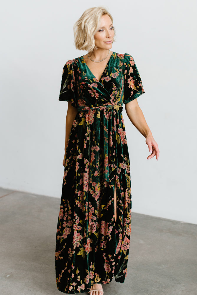 Uma Velvet Maxi Dress | Green Floral