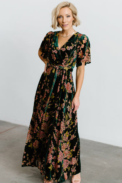 Uma Velvet Maxi Dress | Green Floral