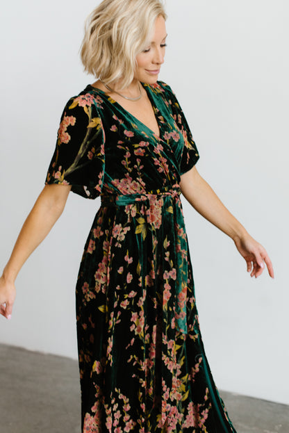 Uma Velvet Maxi Dress | Green Floral