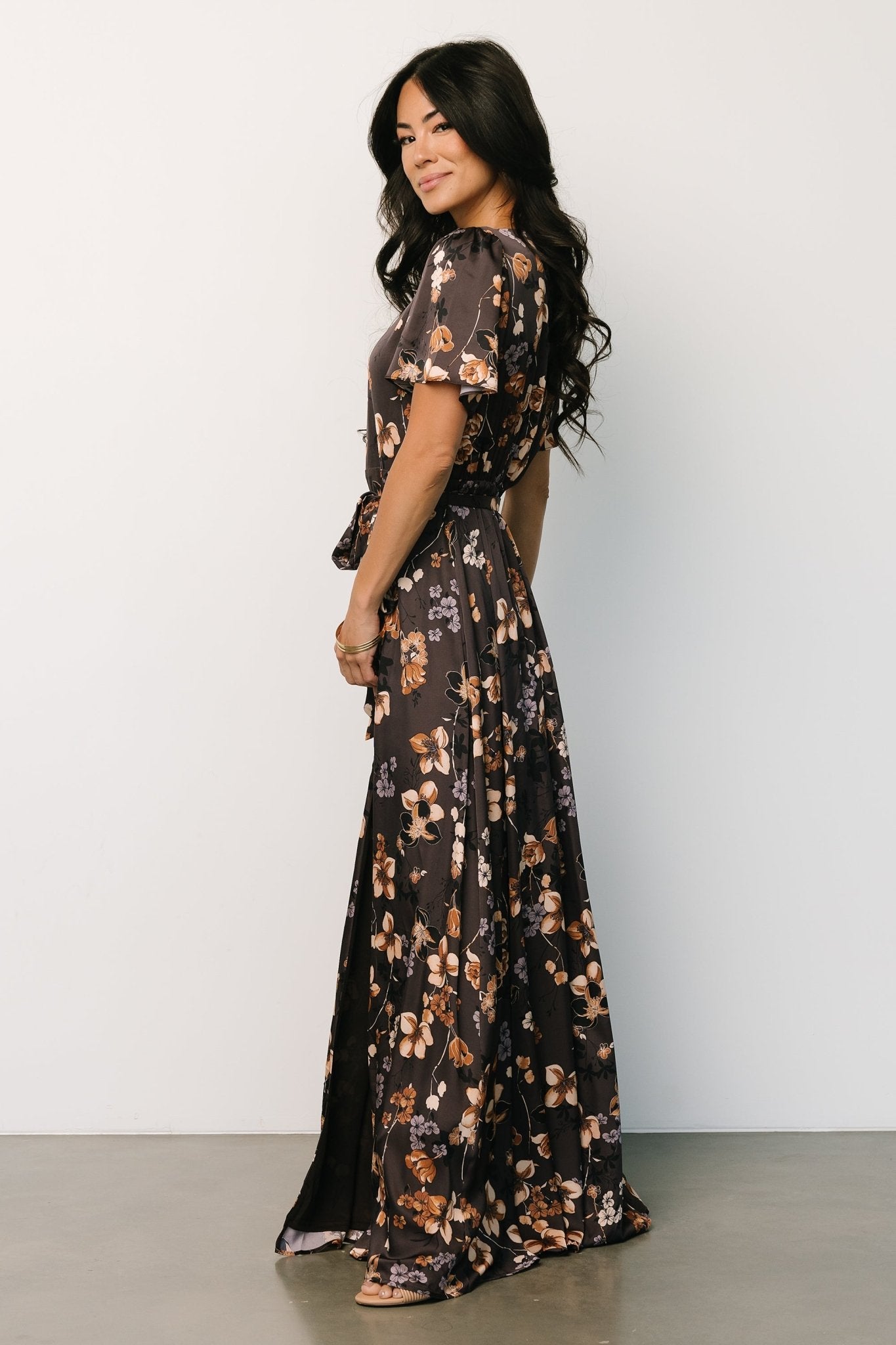 Agnes Satin Maxi Dress | Brown Floral - Baltic Born