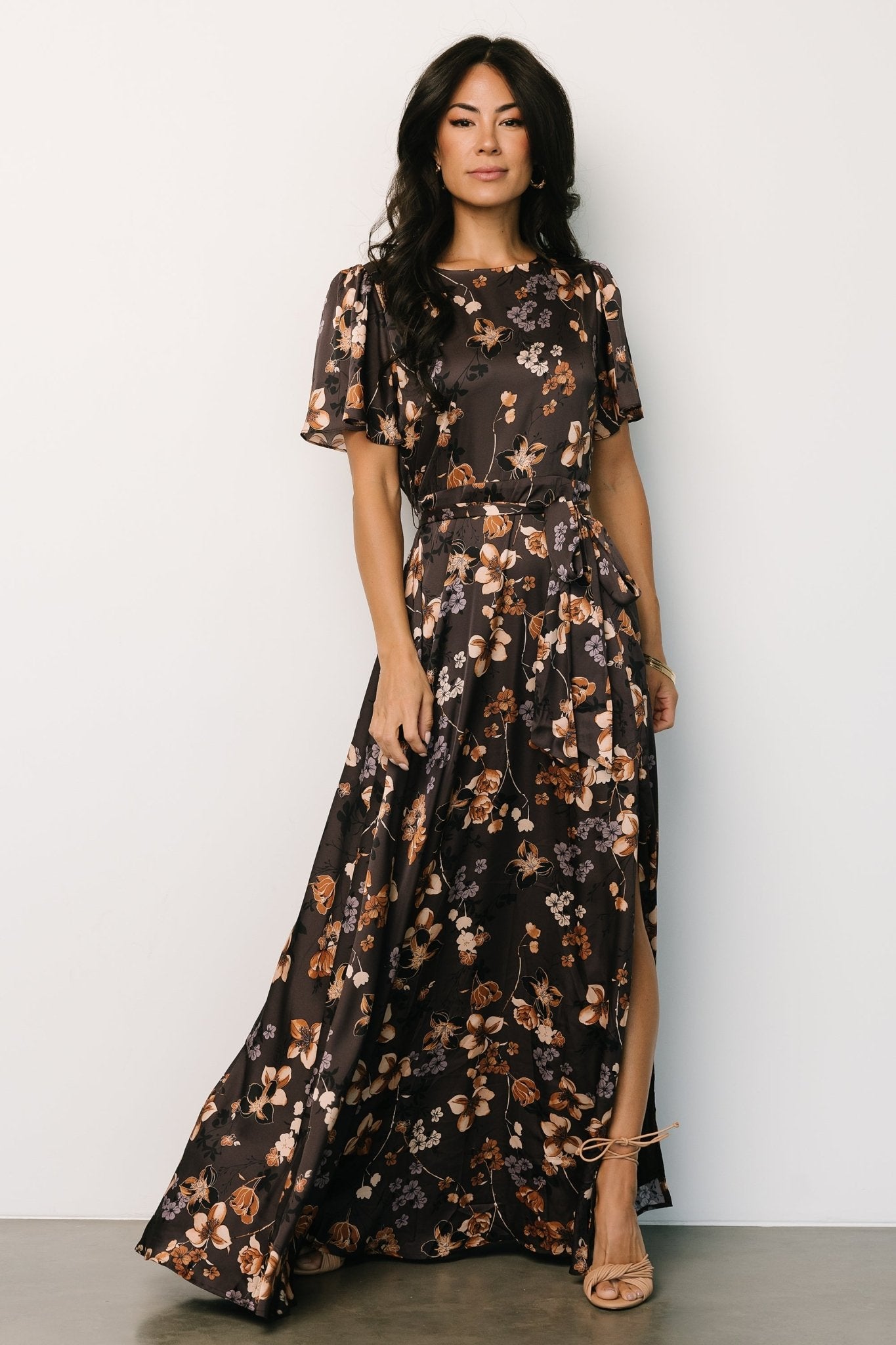 Agnes Satin Maxi Dress | Brown Floral - Baltic Born