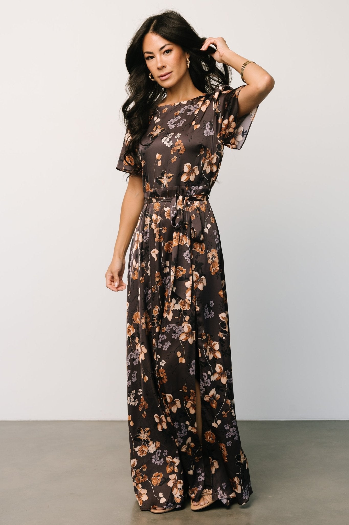 Agnes Satin Maxi Dress | Brown Floral - Baltic Born