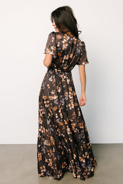 Agnes Satin Maxi Dress | Brown Floral - Baltic Born