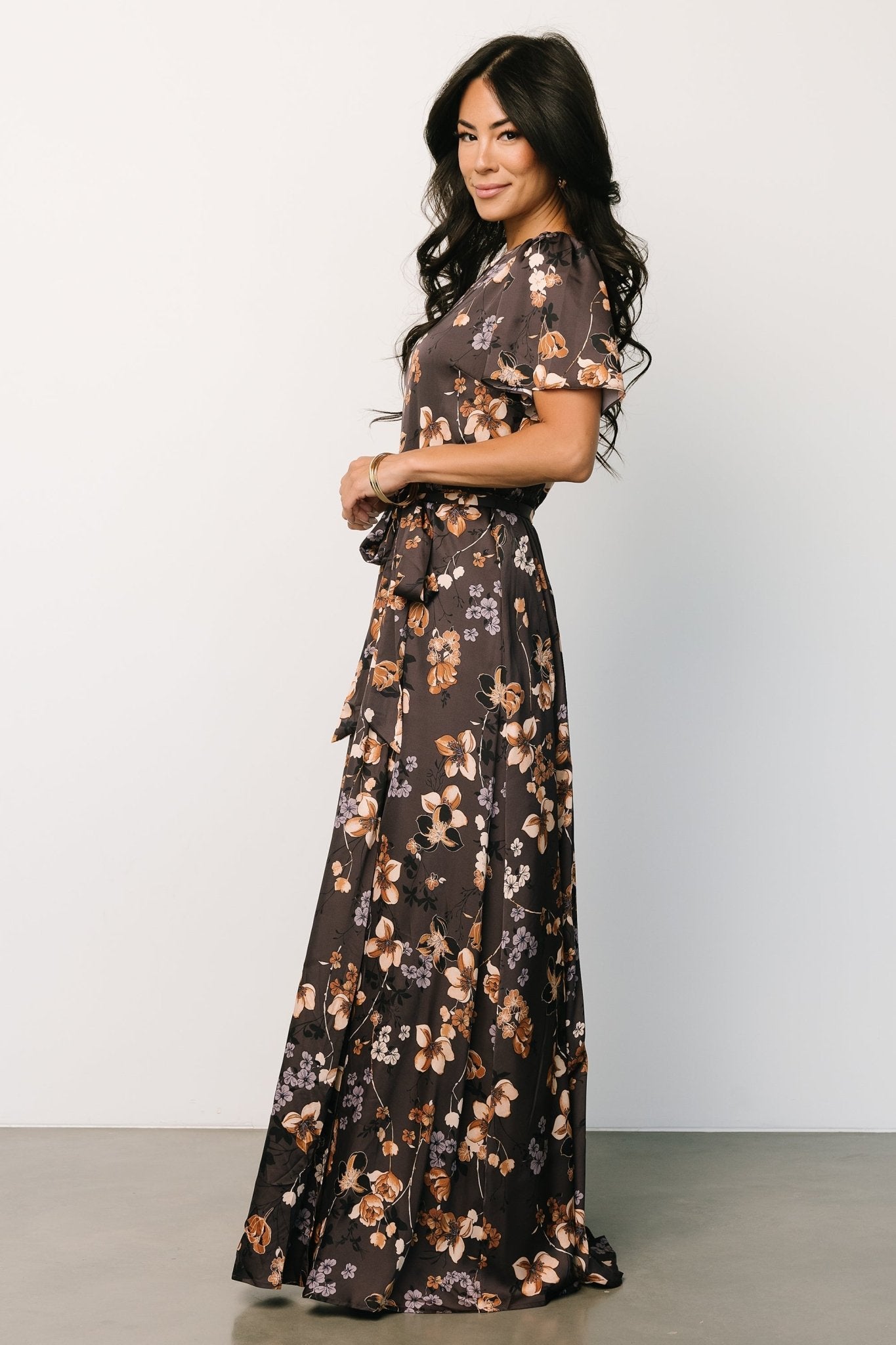 Agnes Satin Maxi Dress | Brown Floral - Baltic Born