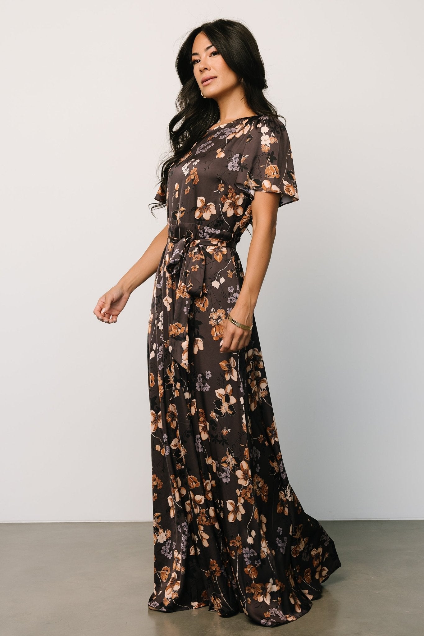 Agnes Satin Maxi Dress | Brown Floral - Baltic Born