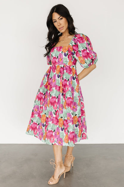 Aimee Puff Sleeve Midi Dress | Pink Multi - Baltic Born