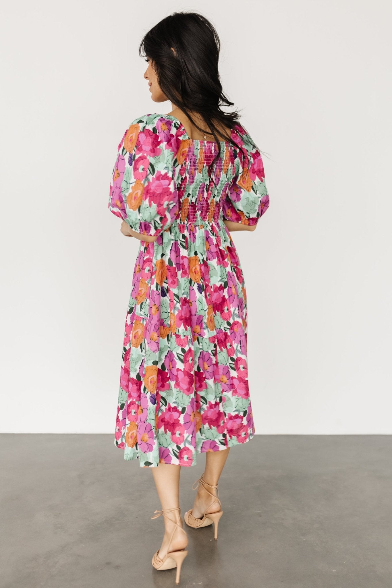 Aimee Puff Sleeve Midi Dress Pink Multi