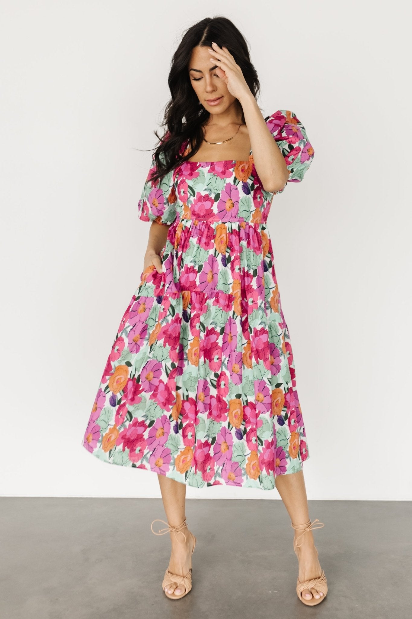 Aimee Puff Sleeve Midi Dress | Pink Multi - Baltic Born