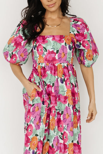 Aimee Puff Sleeve Midi Dress | Pink Multi - Baltic Born