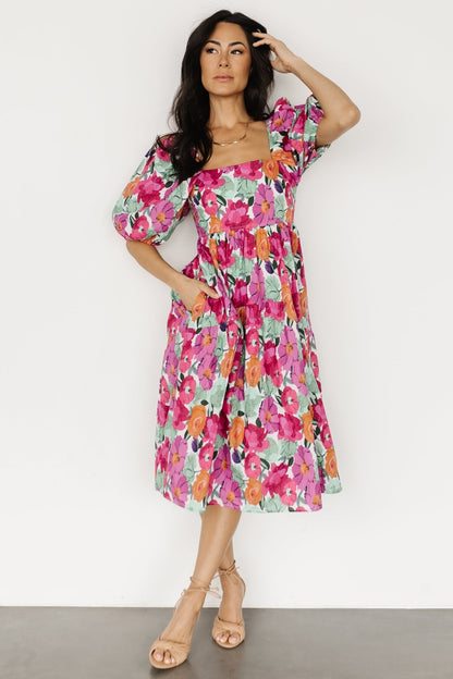 Aimee Puff Sleeve Midi Dress | Pink Multi - Baltic Born