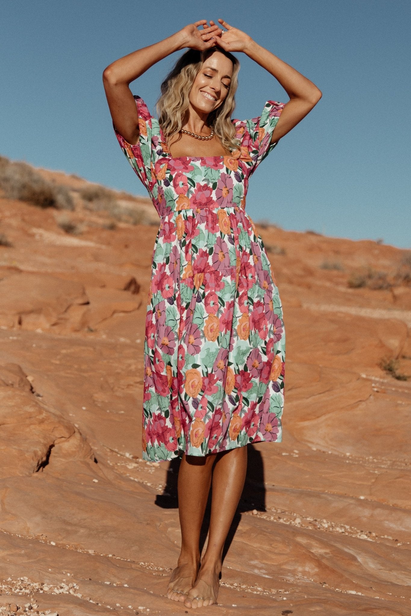 Aimee Puff Sleeve Midi Dress | Pink Multi - Baltic Born