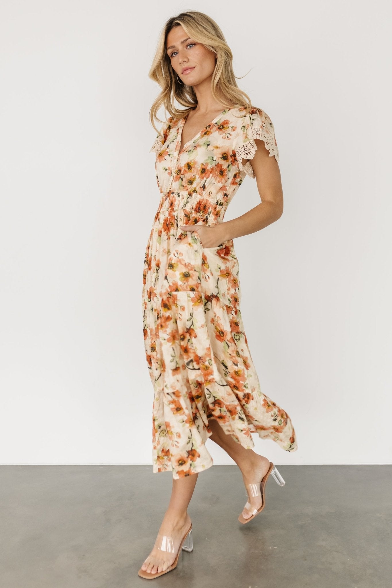 Pol Aliyah Midi Dress Coral Floral XL