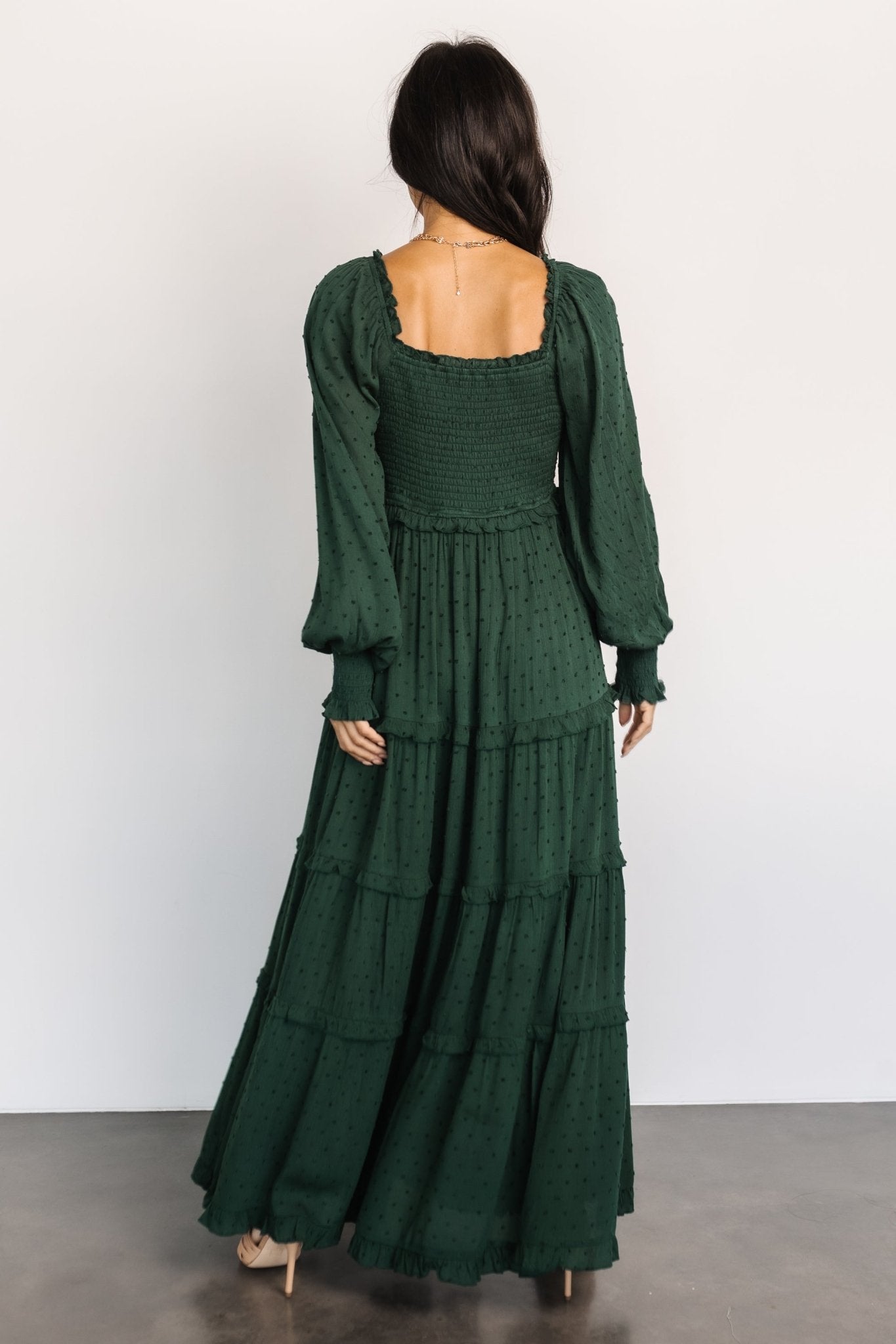 Amanda Smocked Dotted Maxi Dress | Evergreen - Baltic Born