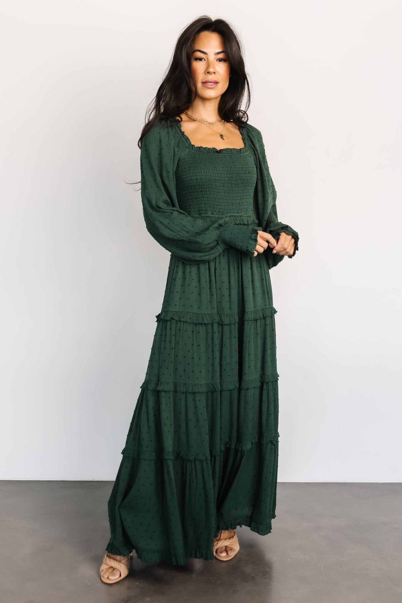 Amanda Smocked Dotted Maxi Dress | Evergreen - Baltic Born