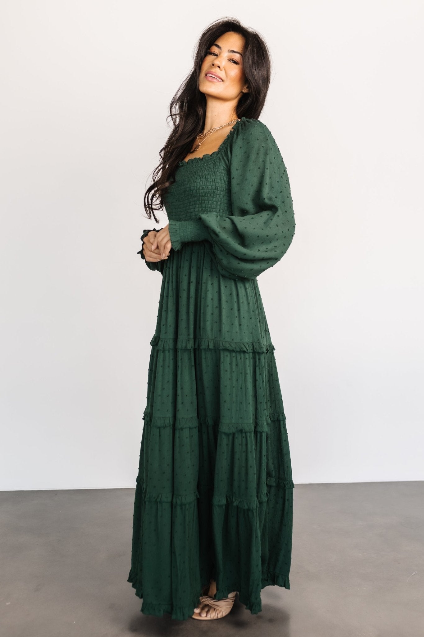 Amanda Smocked Dotted Maxi Dress | Evergreen - Baltic Born