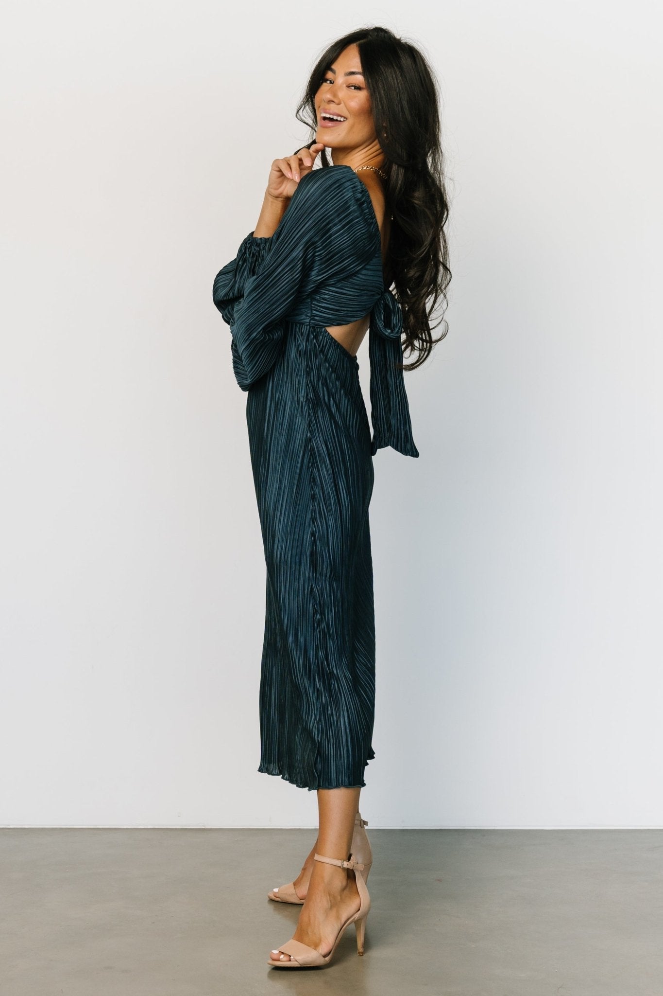 Amani Pleated Midi Dress | Peacock - Baltic Born