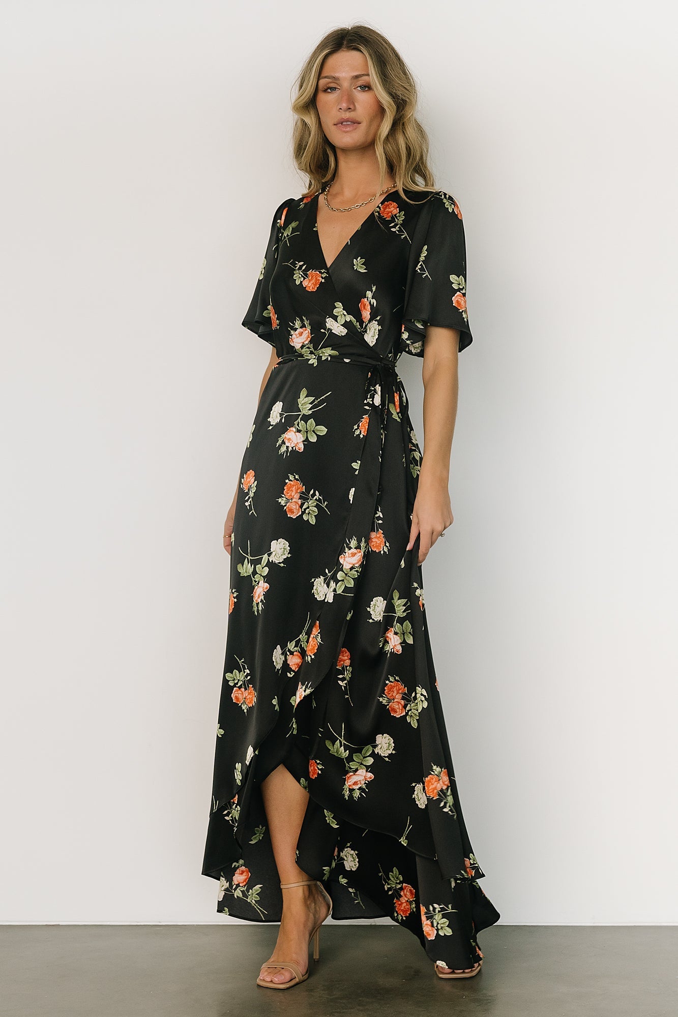 Amara Wrap Dress | Black + Coral Floral | Baltic Born