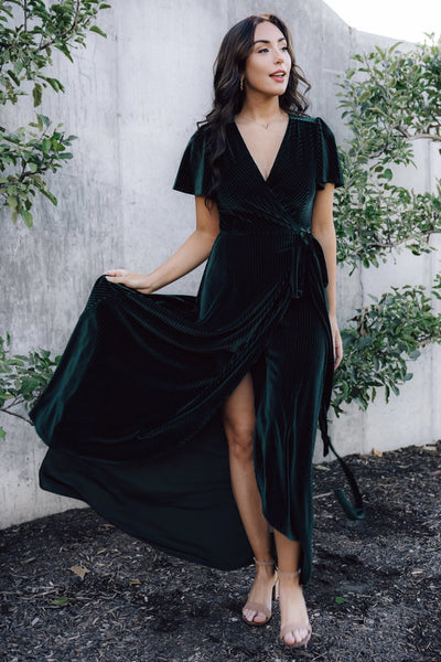 Andi Ribbed Velvet Wrap Dress, Emerald