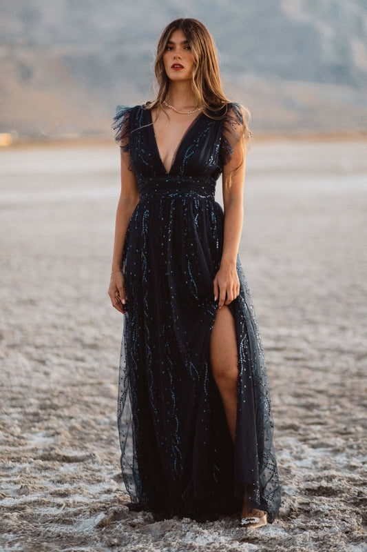 Annika Sequin Mesh Maxi Dress | Navy - Baltic Born