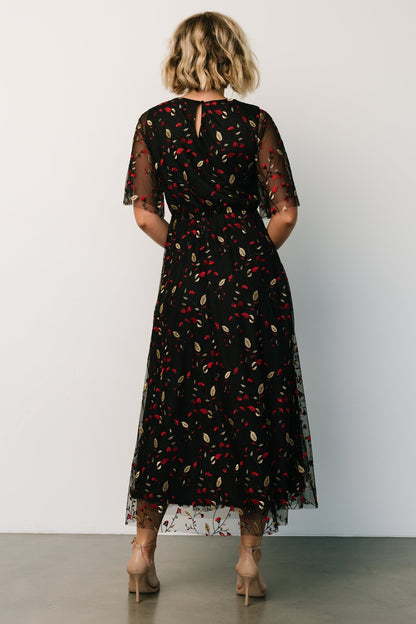 Arabella Embroidered Tulle Maxi Dress | Black + Red - Baltic Born