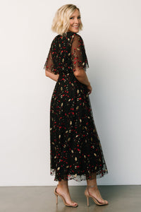 Arabella Embroidered Tulle Maxi Dress | Black + Red | Baltic Born