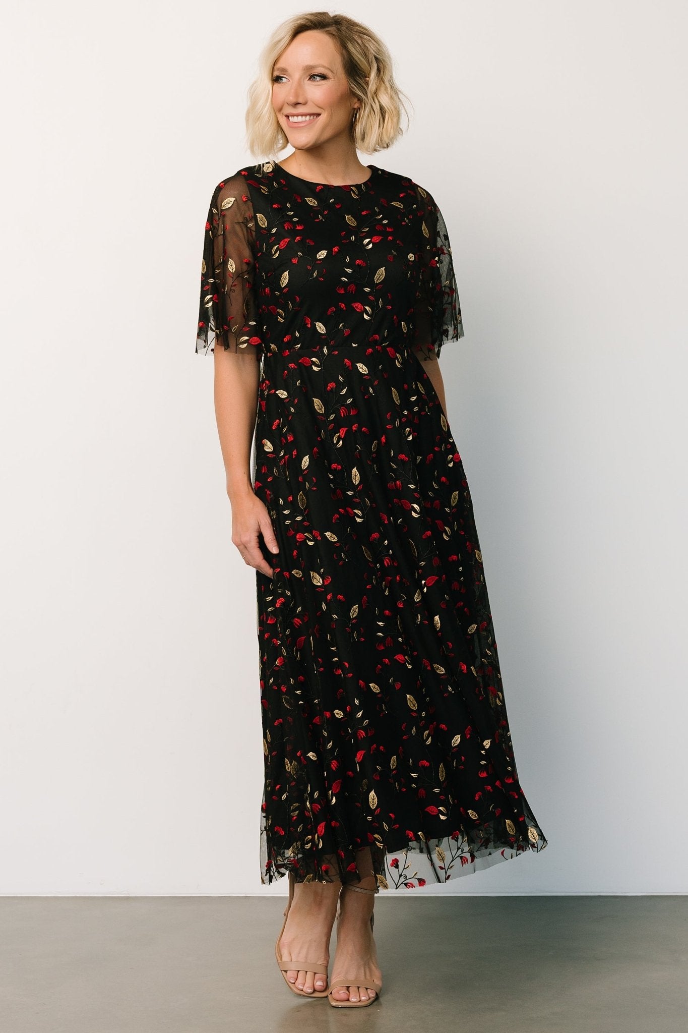 Arabella Embroidered Tulle Maxi Dress | Black + Red - Baltic Born