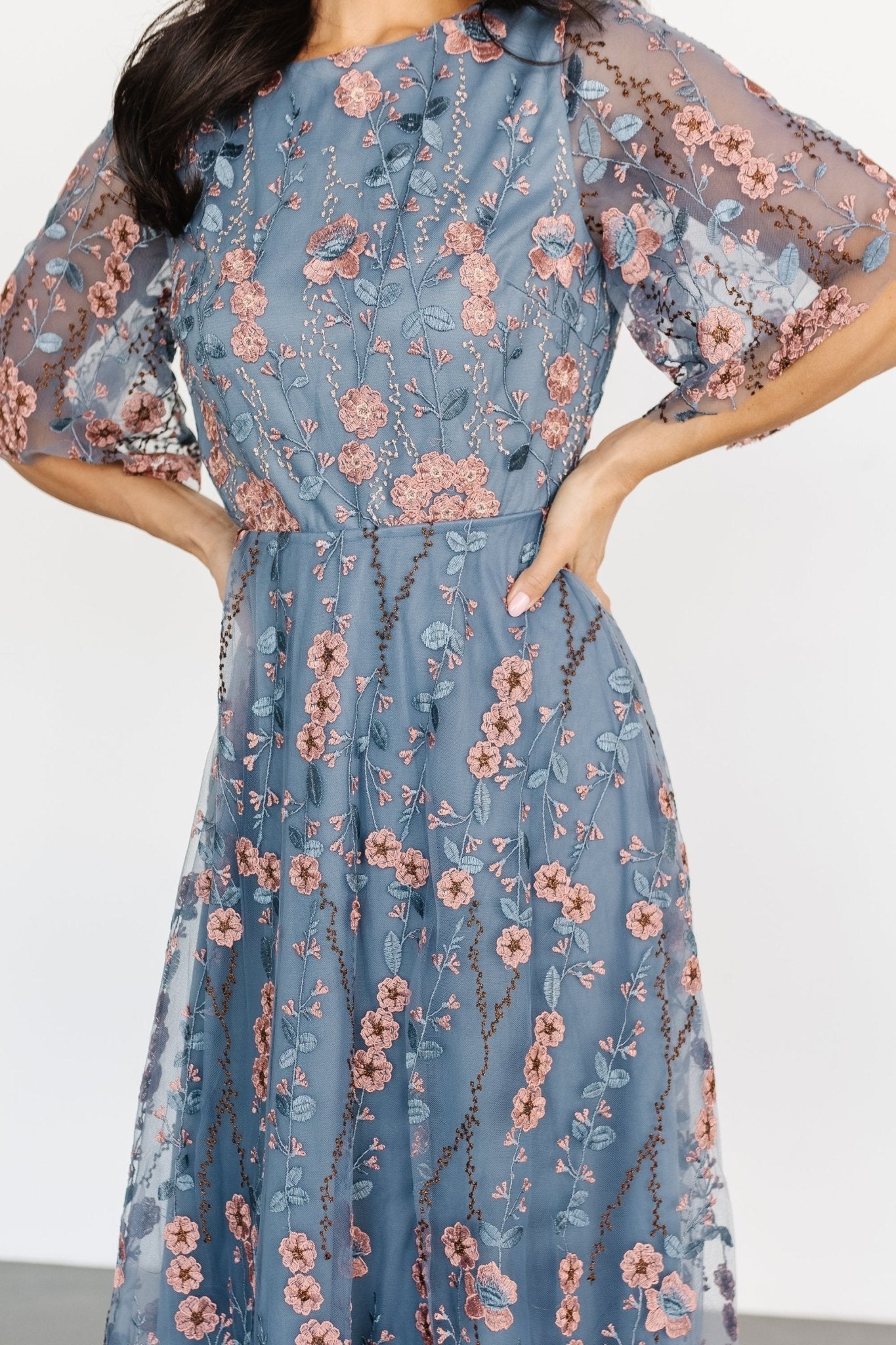 Arabella Embroidered Tulle Maxi Dress | Blue + Pink - Baltic Born