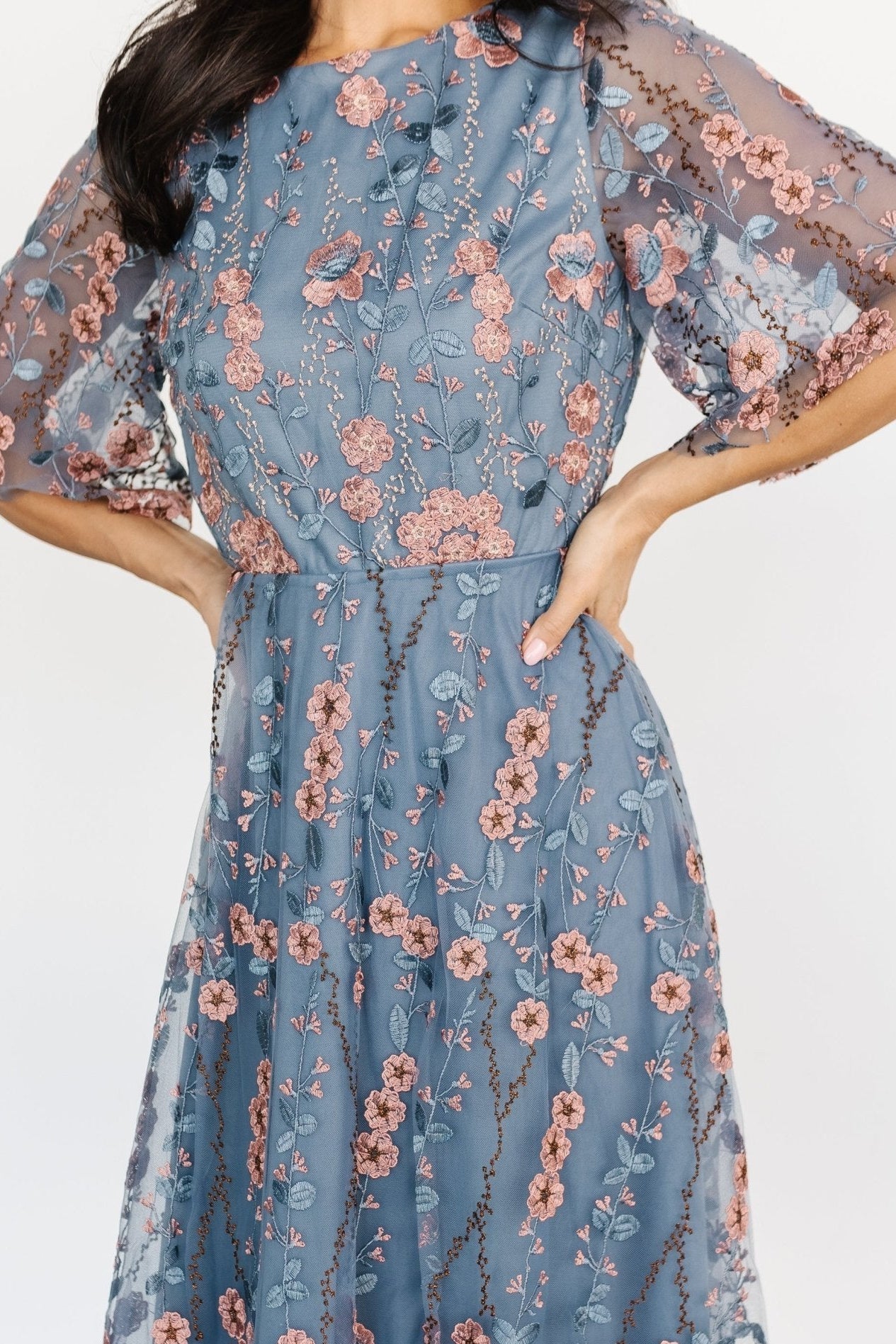 arabella embroidered tulle maxi dress Arabella Tulle Maxi Dress — Dusty Blue Floral main image 0