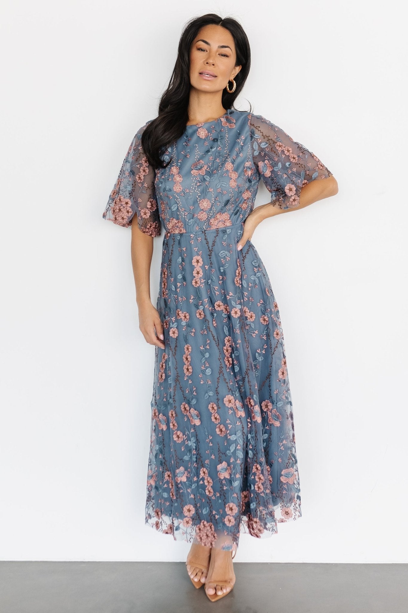 Arabella Embroidered Tulle Maxi Dress | Blue + Pink - Baltic Born