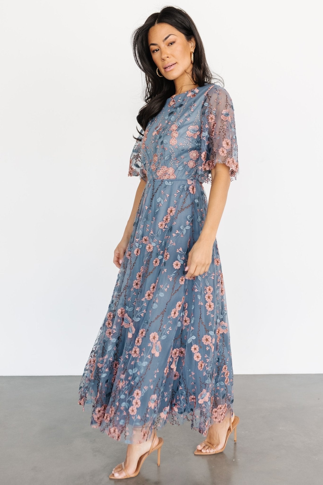 Arabella Embroidered Tulle Maxi Dress | Blue + Pink - Baltic Born