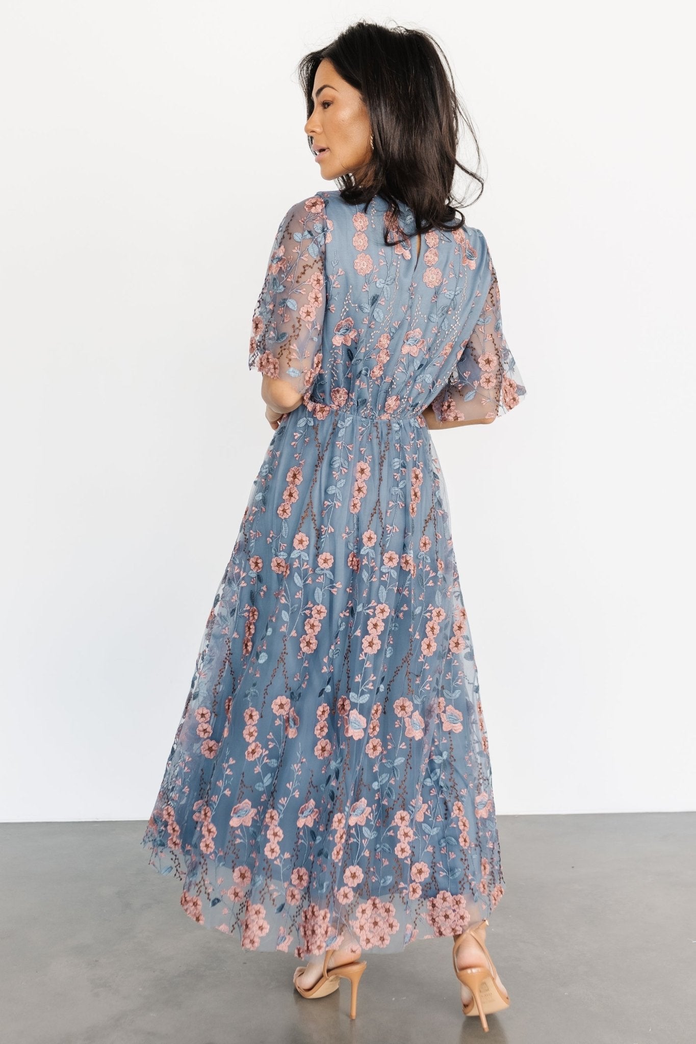 Arabella Embroidered Tulle Maxi Dress | Blue + Pink - Baltic Born